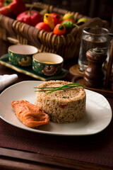 Chaufa chinese fried rice with fried fish Buffet table Peruvian comfort restaurant gourmet food