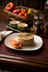 Chaufa chinese fried rice with fried fish Buffet table Peruvian comfort restaurant gourmet food