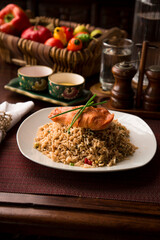 Chaufa chinese fried rice with fried fish Buffet table Peruvian comfort restaurant gourmet food