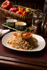 Chaufa chinese fried rice with fried fish Buffet table Peruvian comfort restaurant gourmet food
