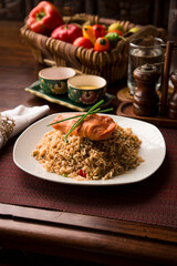 Chaufa chinese fried rice with fried fish Buffet table Peruvian comfort restaurant gourmet food