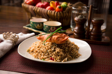 Chaufa chinese fried rice with fried fish Buffet table Peruvian comfort restaurant gourmet food