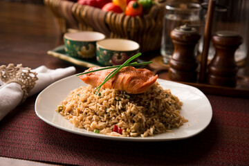 Chaufa chinese fried rice with fried fish Buffet table Peruvian comfort restaurant gourmet food
