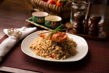 Chaufa chinese fried rice with fried fish Buffet table Peruvian comfort restaurant gourmet food