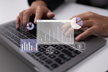 analysis of business. Businessmen research laptop markets throughout financial and economic times.