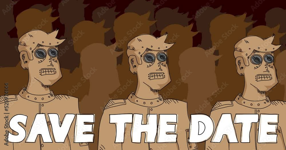 Poster robot army with save the date text. line art animated video. future robotics cartoon animation.