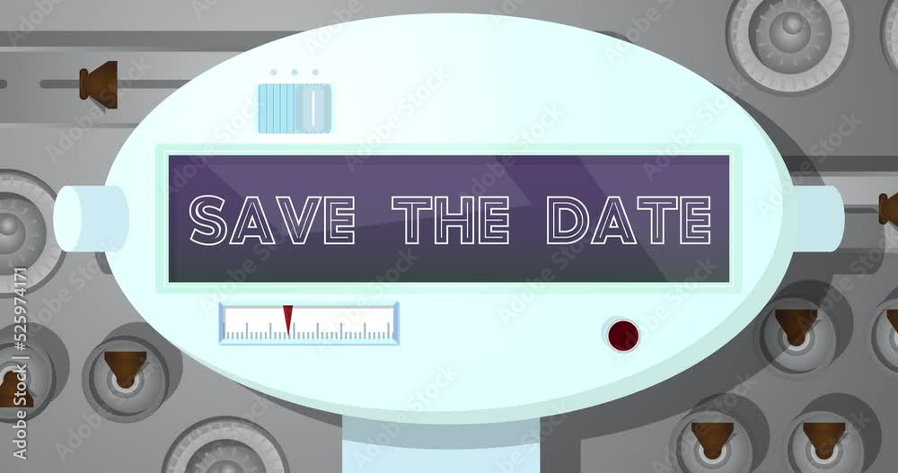 Poster robot eye showing save the date text. animated video. future robotics cartoon animation.