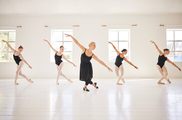 Ballet, dance students and teacher in class for practice, training and performance in studio. Classic art dancers moving with balance, grace and passion during a lesson at a ballerina dancing school