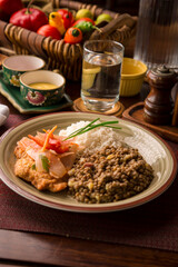 Escabeche fried fish with onions and lentils stew white rice Buffet table Peruvian comfort restaurant gourmet food