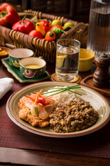 Escabeche fried fish with onions and lentils stew white rice Buffet table Peruvian comfort restaurant gourmet food