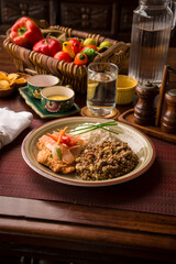 Escabeche fried fish with onions and lentils stew white rice Buffet table Peruvian comfort restaurant gourmet food