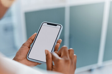 Phone, mock up and search space for b2b marketing, company website or kpi data. Zoom on business woman or office worker building startup logo brand, contact us crm mockup or digital social media app