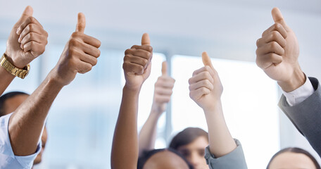 Diversity, hands and thumbs up of business people together in success, support and goal in office...