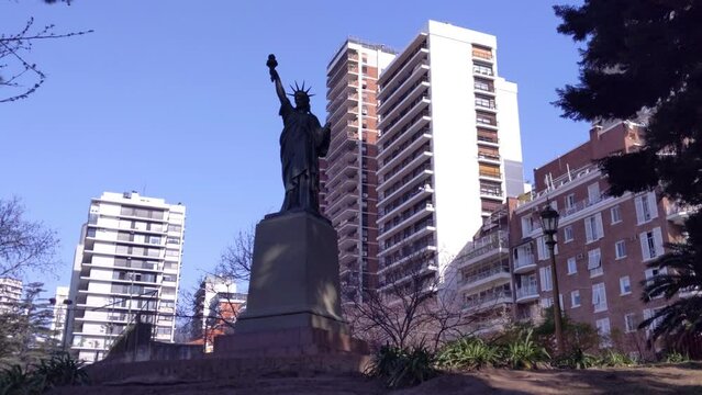 A Nine-foot Replica of the Statue of Liberty inaugurated on 3 October 1886, 25 days before the one in New York, in Belgrano District, Buenos Aires, Argentina. 4K Resolution.
