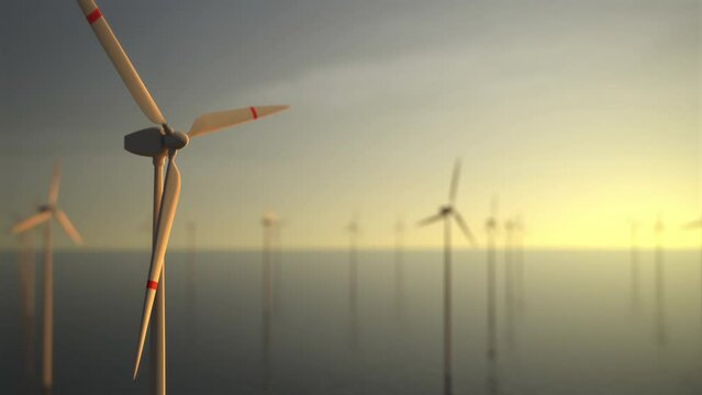 Large wind turbines with blades in field aerial view bright orange sunset blue sky wind park slow motion drone turn. Silhouettes windmills, large orange sun disc summer lens flare. Alternative energy.