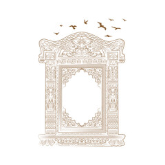 Jharokha vector illustration. Window architecture illustration. Jharokha with Birds illustration. Line art arch illustration. Flying Birds illustration. Rajasthani Jharokha vector.