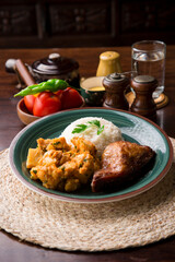 Roasted chicken with potato stew Peruvian comfort restaurant gourmet food