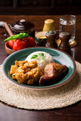 Roasted chicken with potato stew Peruvian comfort restaurant gourmet food