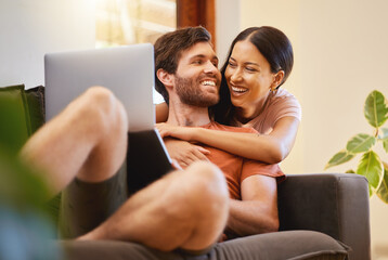 Happy and relax couple with a laptop on the sofa, live streaming movies or social media content...