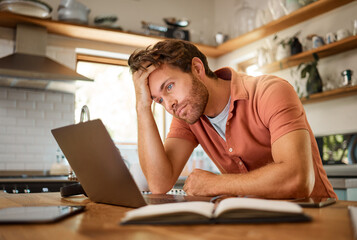 Stress, laptop finance and planning man thinking of home loan, investment savings and future money...