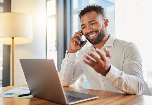 Business, corporate and client deal phone call of a businessman working at an office computer. Sales marketing business man with a smile happy about career success, b2b bonus or executive promotion