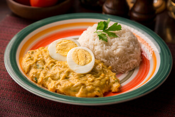 Aji de gallina chicken cream boiled eggs Peruvian comfort restaurant gourmet food