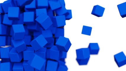 A set of many blue cubes that are collapsing under white lighting background. Conceptual 3D illustration of blockchain, financial system and personal data analysis.