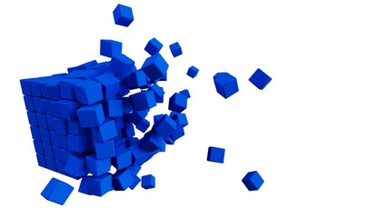 A set of many blue cubes that are collapsing under white lighting background. Conceptual 3D illustration of blockchain, financial system and personal data analysis.