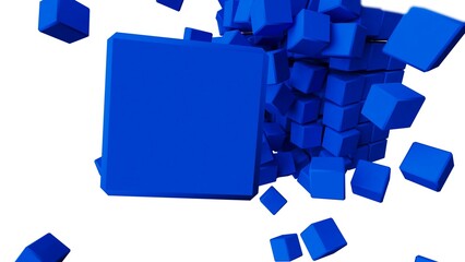 A set of many blue cubes that are collapsing under white lighting background. Conceptual 3D illustration of blockchain, financial system and personal data analysis.