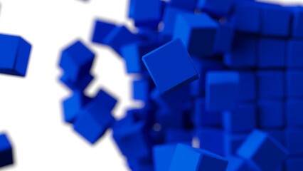 A set of many blue cubes that are collapsing under white lighting background. Conceptual 3D illustration of blockchain, financial system and personal data analysis.