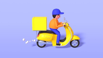 3d animation of a food delivery courier riding a yellow scooter. Cute loop animation