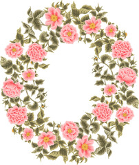 Vintage peach floral frame with roses, peony, chrysanthemum  flowers