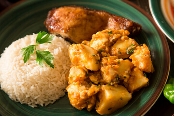 Roasted chicken with potato stew Peruvian comfort restaurant gourmet food