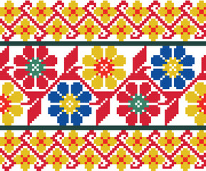 Hispanic Traditional Mexican Textile Flowers Cross Stitch Pattern Wallpaper