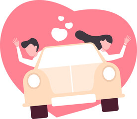 Loving couple riding on car. Love concept. Cartoon style.