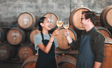 Wine, glass and toast with a couple who drink alcohol in a cellar, distillery or winery estate...