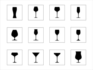 A set of glass icons. Vector illustration. Product labeling. Black silhouettes isolated on a white background.