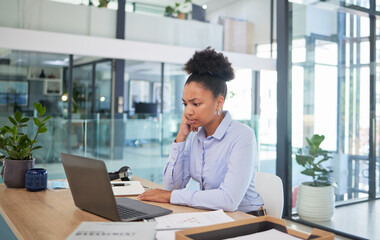 Stressed, confused or worried online finance manager with laptop reading, thinking or checking...