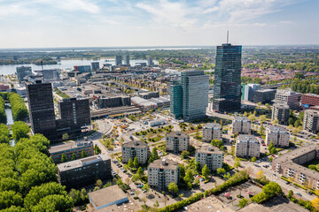 Almere city center (Almere Stad),  Flevoland, The Netherlands. Modern, growing suburban town near Amsterdam. Aerial drone shot.