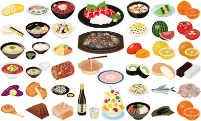 鹿児島、宮崎、熊本の人気グルメ・名産のアイコン①（馬刺し、地鶏の炭火焼き、白くま、黒豚しゃぶしゃぶ）