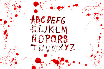 bloody alphabet.Crime alphabet .Letters abs with streaks and blood stains in bloody splatter frame.Halloween alphabet. Letters written in blood. Horror and crime. 