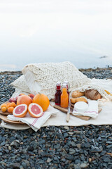 Picnic on the lake shore, a blanket with a basket, fruit and juice