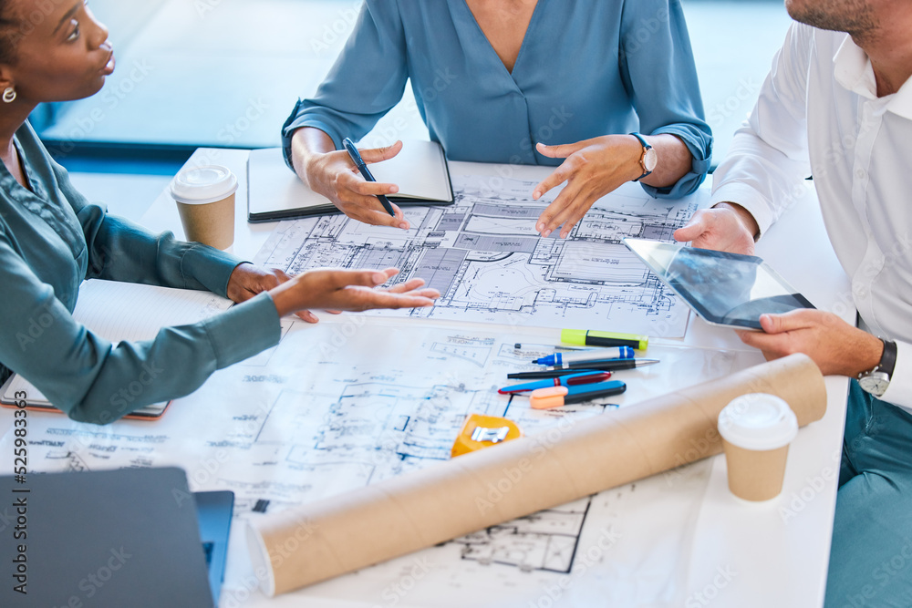 Poster blueprints, architects and building engineers talking, meeting and planning renovation, remodeling o