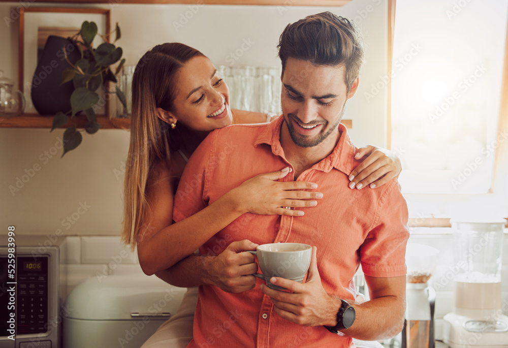 Sticker Happy, in love and carefree couple embracing, bonding and being affectionate at home together. Young boyfriend and girlfriend hugging, relaxing, talking, being playing and enjoying their relationship