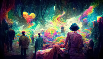 Fototapeta na wymiar Psychedelic trippy LSD or magic mushrooms hallucinations hippie concept design. 3D illustration.