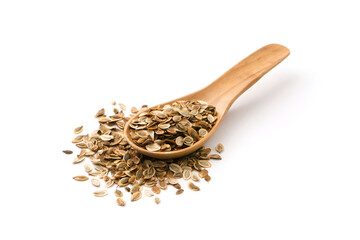 Dry dill seeds in wooden spoon isolated on white background.