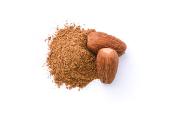 Dry nutmeg with powder isolated on white background , top view , flat lay.