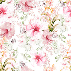 Watercolor wedding pink tropical seamless pattern with Exotic flowers, hibiscus, orchids and butterfly. Illustration
