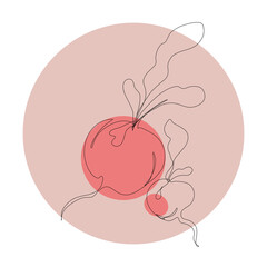 Radish vegetable in continuous line with colorful geometric elements. Radish minimalist black linear sketch  with color spots isolated on white background. Vector one line