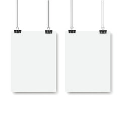 Blank posters hanging on a binder clips. White paper sheet hangs on a rope with clips. Vector